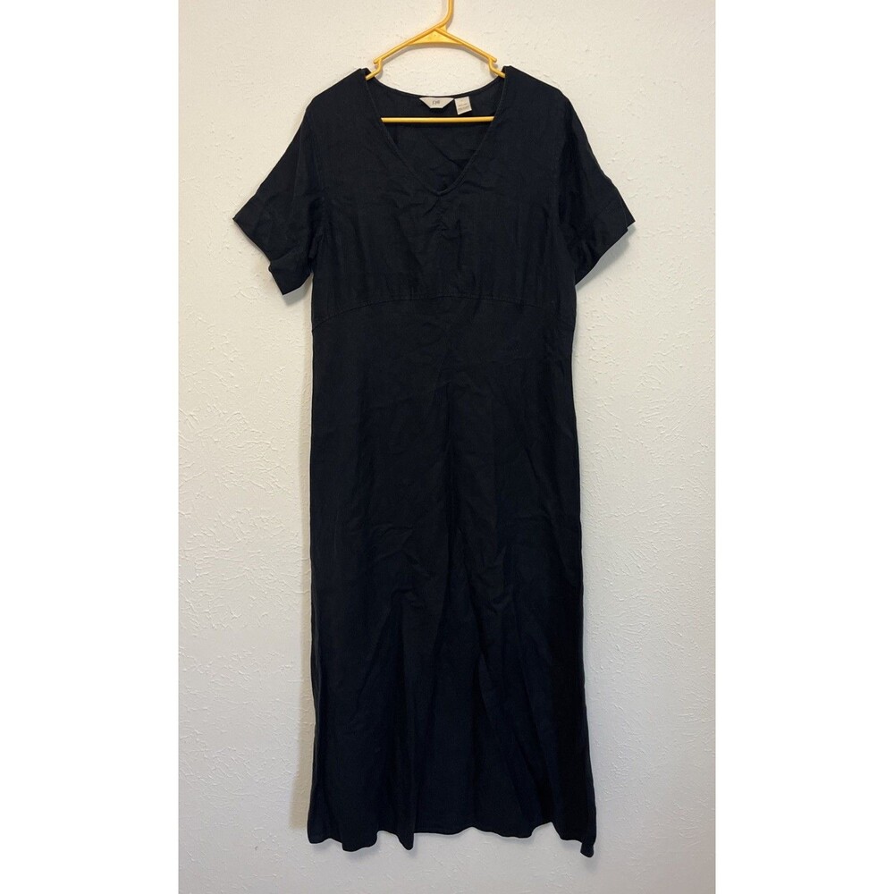 J.JILL Women's Linen Minimalist Maxi Dress Short Sleeves V-Neck Black Size Large
